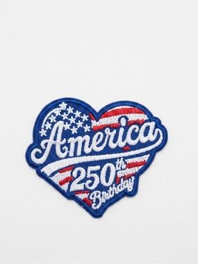 America 250th Birthday Heart Iron On Patch - Patriotic Red White Blue